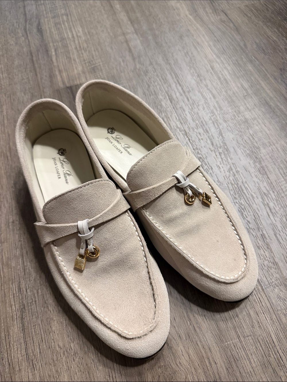 Loro Piana Cream Suede Loafers with Gold Hardware